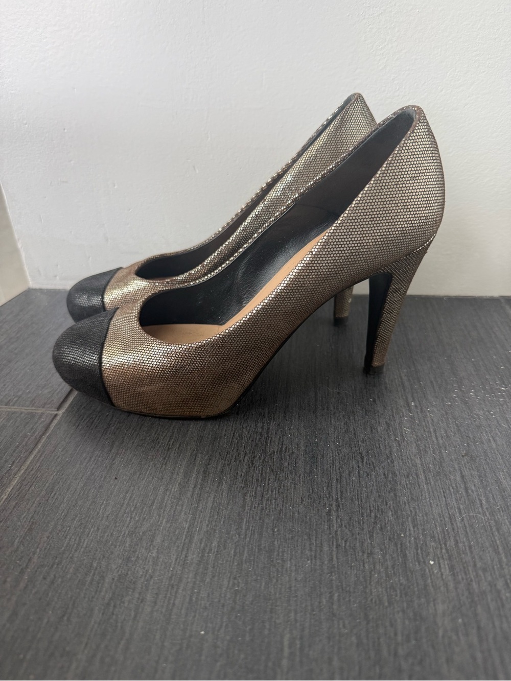 Metallic Bronze and Black Cap-Toe High Heels